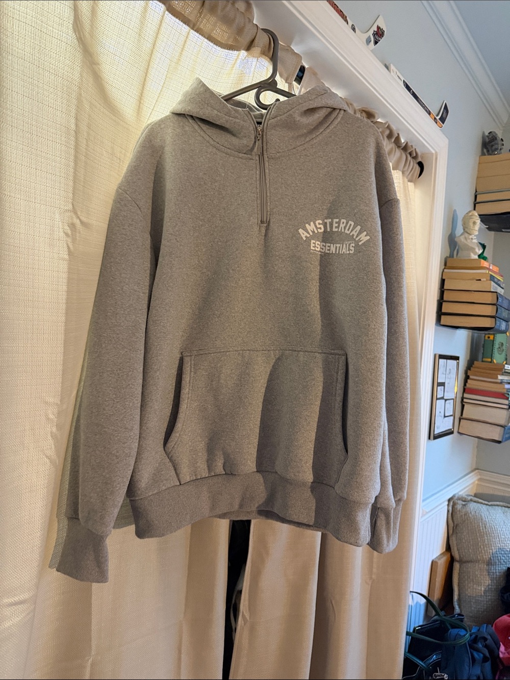 Essentials Gray Half-Zip Hoodie with Amsterdam Chest Logo